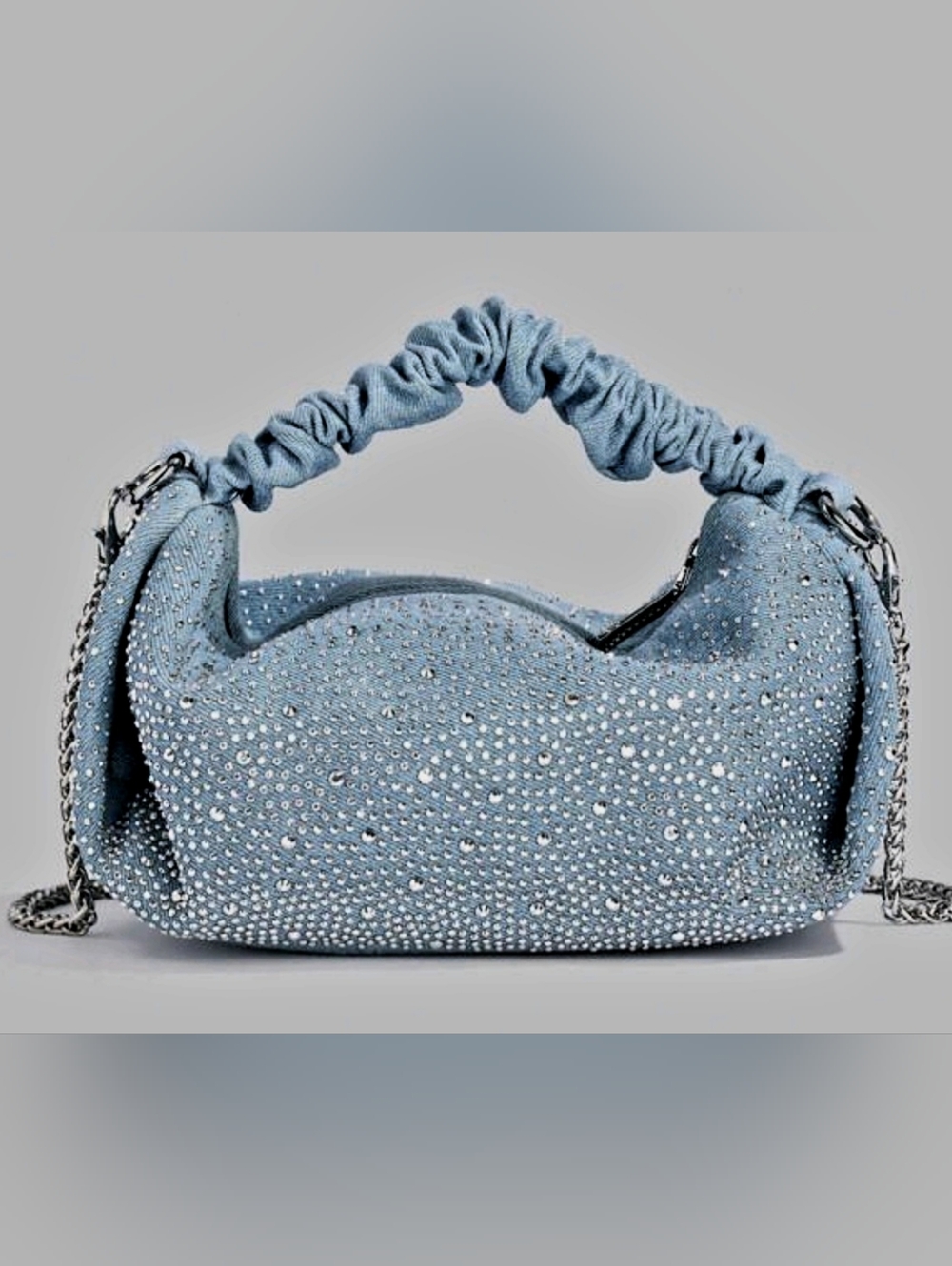 Light Blue Denim Crystal-Embellished Women's Shoulder Or Cross Body Bag